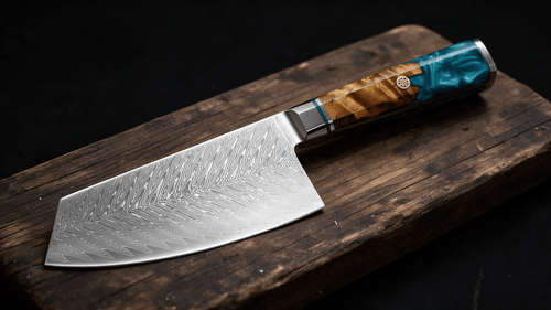 Couperet de Cuisine Japonais Acier Damas 67 Couches 18 cm – Manche Résine & Bois Stabilisé - Damasaki