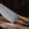 Couperet de Cuisine Japonais Acier Damas 67 Couches 18 cm – Manche Résine & Bois Stabilisé - Damasaki