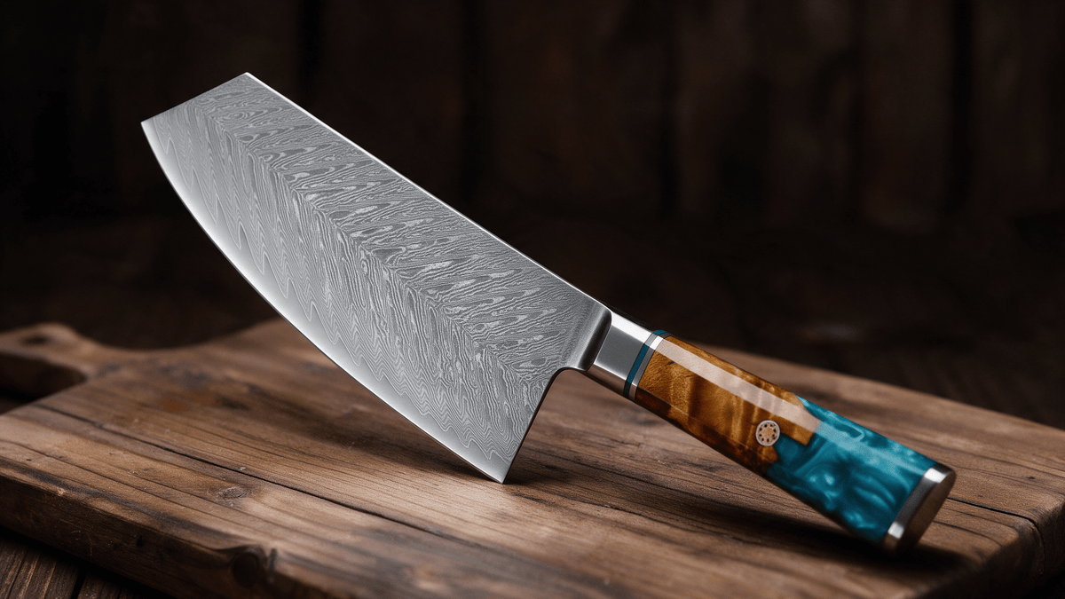 Couperet de Cuisine Japonais Acier Damas 67 Couches 18 cm – Manche Résine & Bois Stabilisé - Damasaki