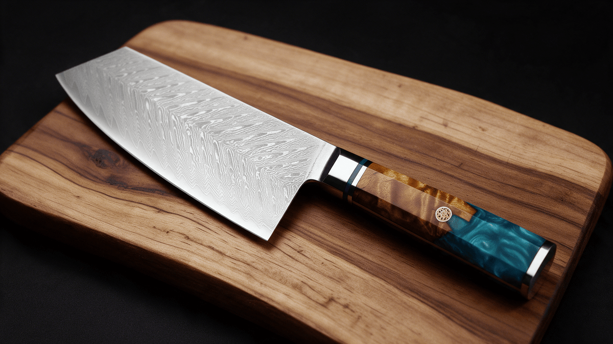 Couperet de Cuisine Japonais Acier Damas 67 Couches 18 cm – Manche Résine & Bois Stabilisé - Damasaki