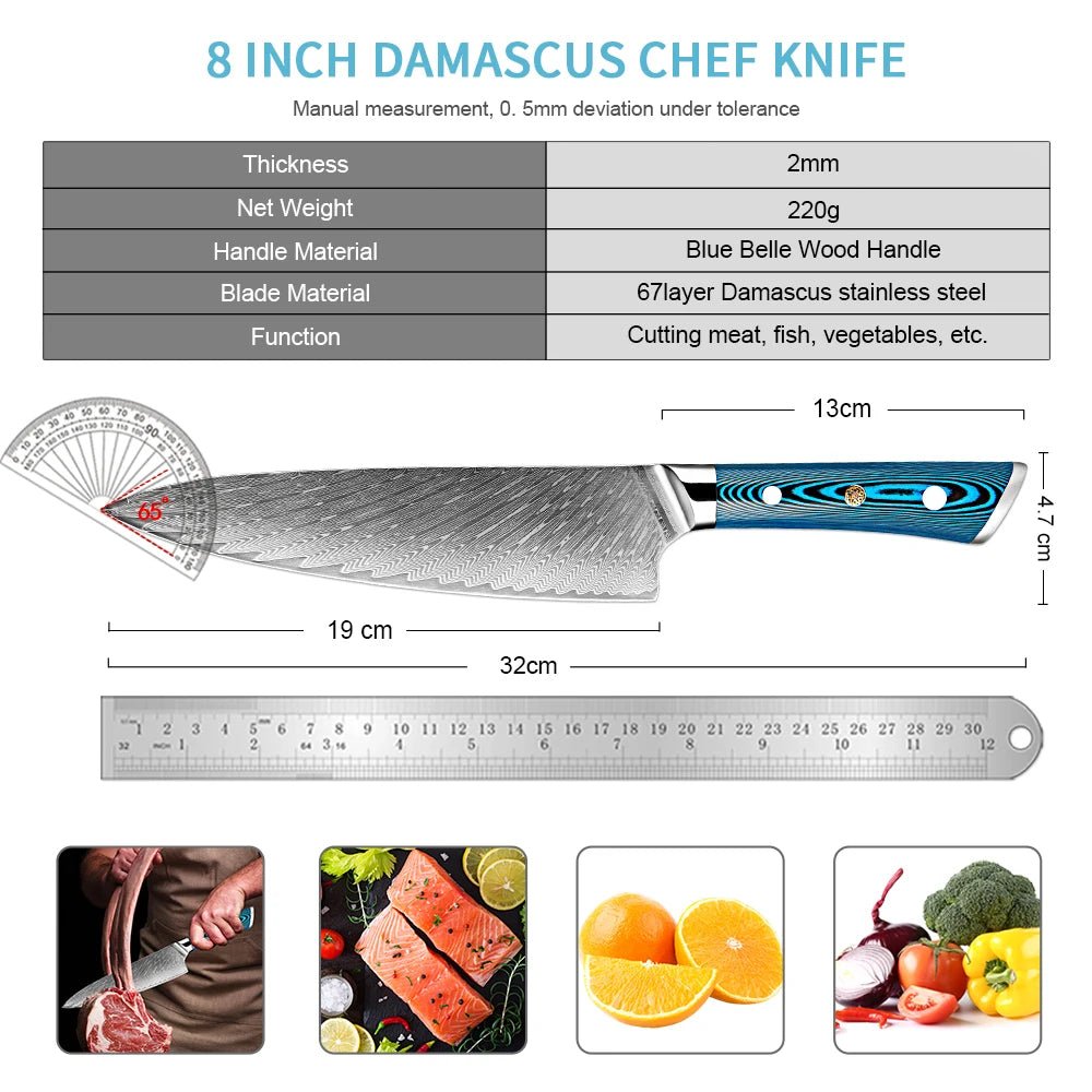 Couteau de chef damas 20,3 cm – bois bleu