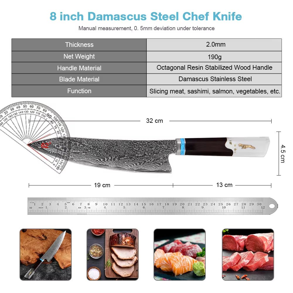 Couteau de chef damas 20,3 cm – résine et bois stabilisé octogonal
