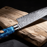 Couteau de Chef Japonais Damas VG10 67 Couches 20 cm – Manche Résine Bleue & Bois Stabilisé - Damasaki