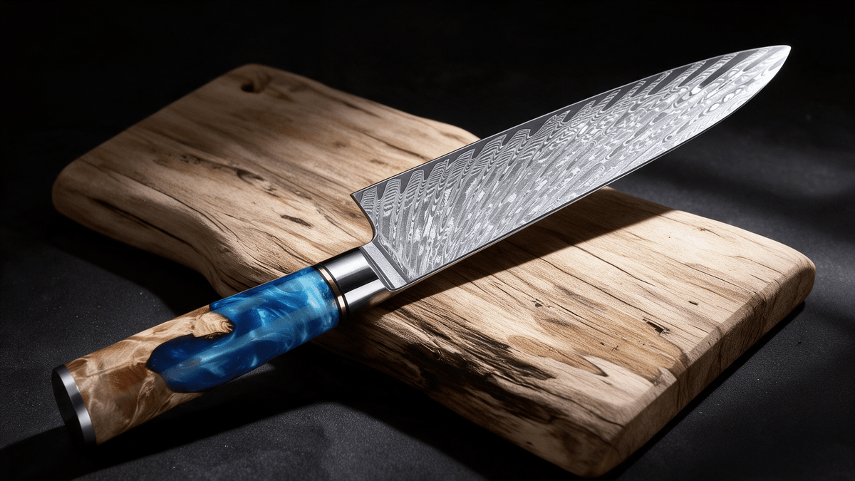 Couteau de Chef Japonais Damas VG10 67 Couches 20 cm – Manche Résine Bleue & Bois Stabilisé - Damasaki