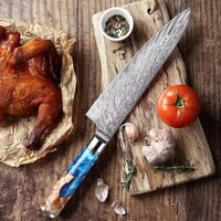 Couteau de chef damas 20,3 cm – résine bleue et bois stabilisé