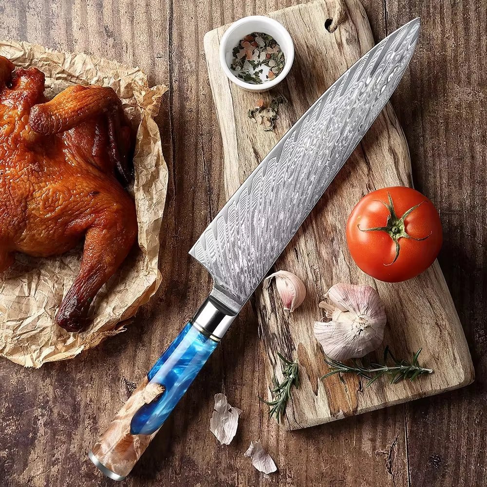 Couteau de chef damas 20,3 cm – résine bleue et bois stabilisé