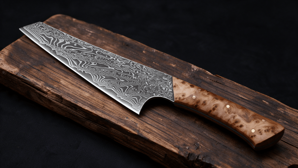 Couteau Kiritsuke Japonais Acier Damas 67 Couches 13 cm – Manche Loupe de Bois - Damasaki