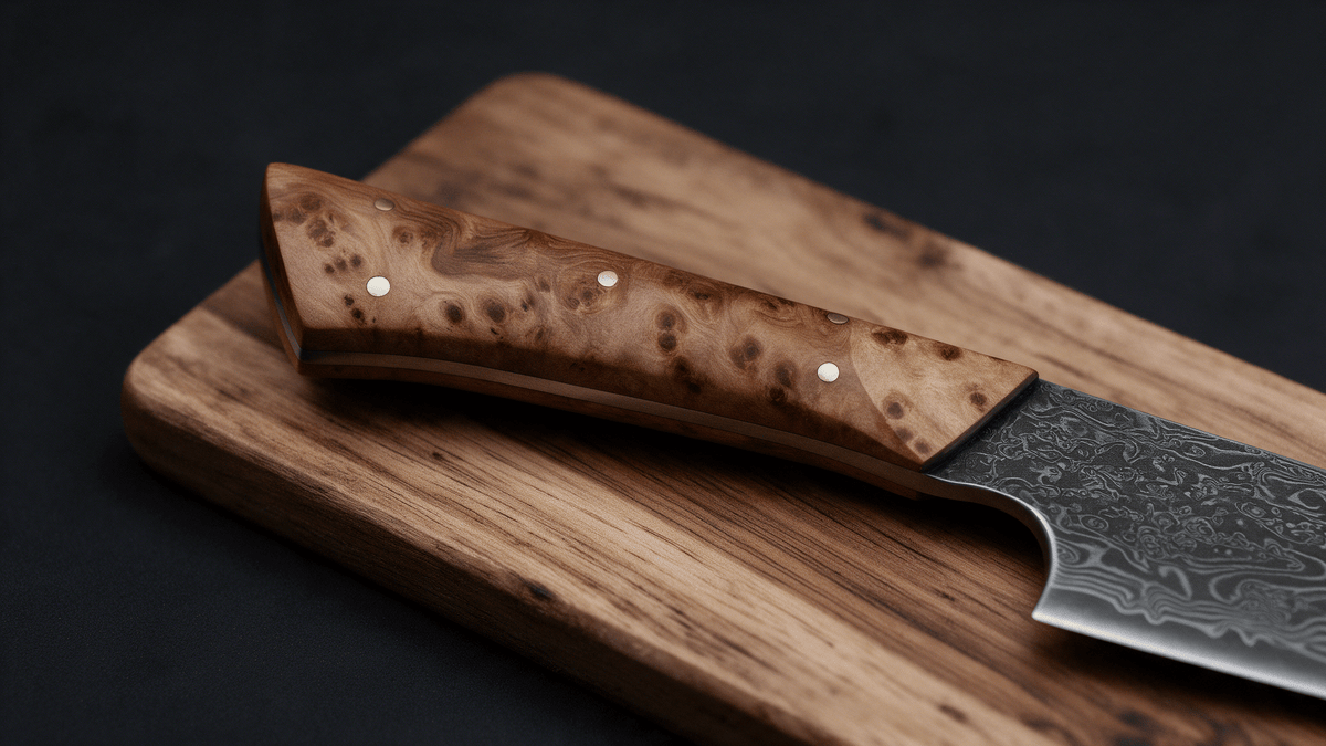 Couteau Kiritsuke Japonais Acier Damas 67 Couches 13 cm – Manche Loupe de Bois - Damasaki