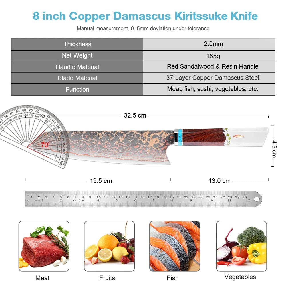 Couteau Kiritsuke damas – bois de santal rouge et résine