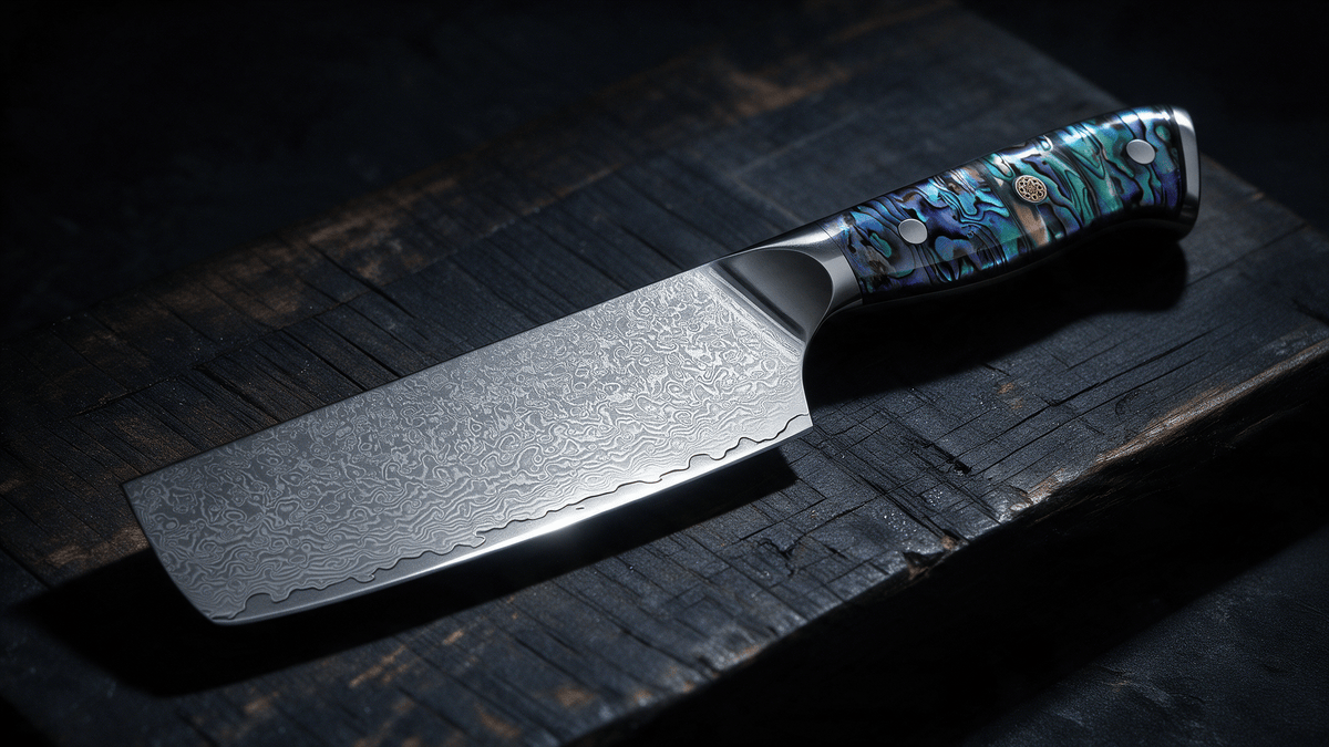 Couteau Nakiri Japonais Acier Damas 67 Couches 18 cm – Manche Nacre d’Ormeau Précieuse - Damasaki