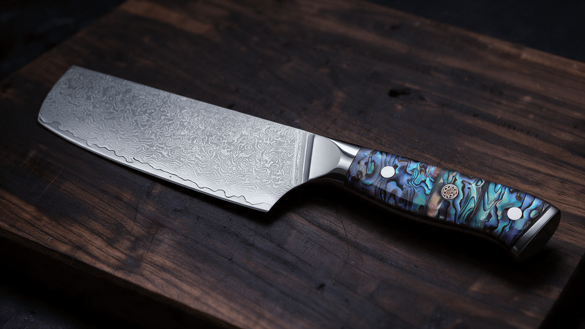 Couteau Nakiri Japonais Acier Damas 67 Couches 18 cm – Manche Nacre d’Ormeau Précieuse - Damasaki
