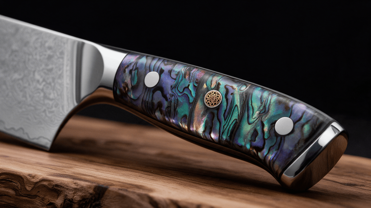 Couteau Nakiri Japonais Acier Damas 67 Couches 18 cm – Manche Nacre d’Ormeau Précieuse - Damasaki
