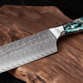 Couteau Nakiri Japonais Acier Damas 67 Couches 18 cm – Manche Nacre d’Ormeau & Résine Bleue - Damasaki