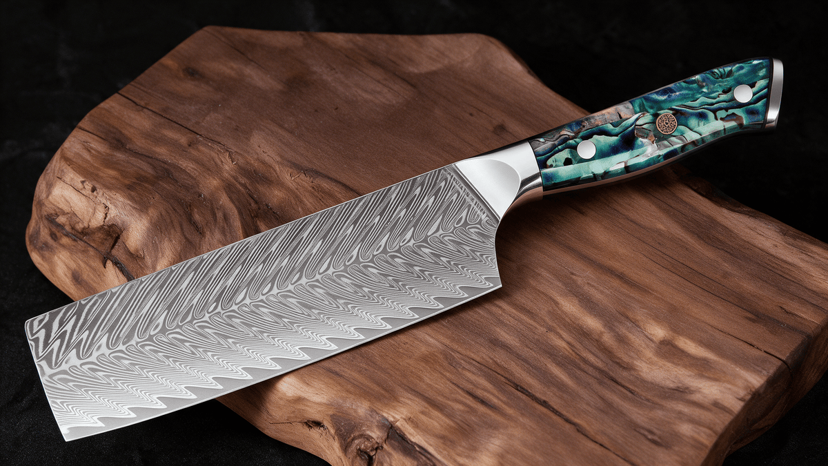 Couteau Nakiri Japonais Acier Damas 67 Couches 18 cm – Manche Nacre d’Ormeau & Résine Bleue - Damasaki