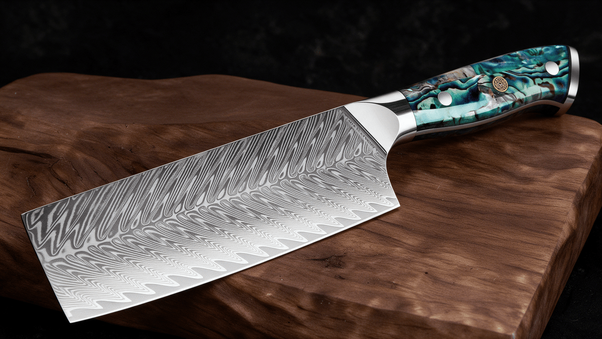 Couteau Nakiri Japonais Acier Damas 67 Couches 18 cm – Manche Nacre d’Ormeau & Résine Bleue - Damasaki