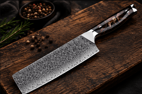 Couteau Nakiri Japonais Acier Damas 67 Couches 18 cm – Manche Résine Cuivre & Platine - Damasaki