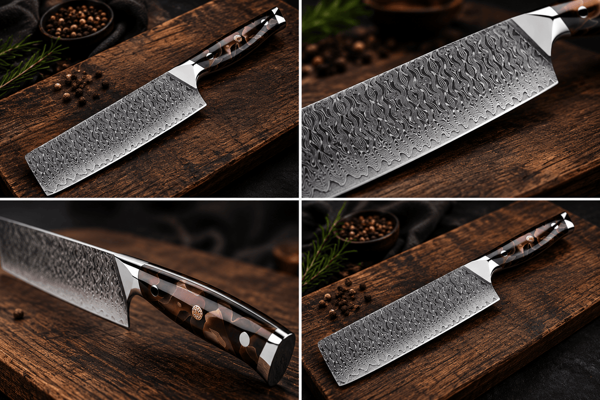 Couteau Nakiri Japonais Acier Damas 67 Couches 18 cm – Manche Résine Cuivre & Platine - Damasaki