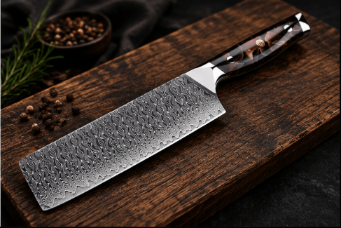 Couteau Nakiri Japonais Acier Damas 67 Couches 18 cm – Manche Résine Cuivre & Platine - Damasaki
