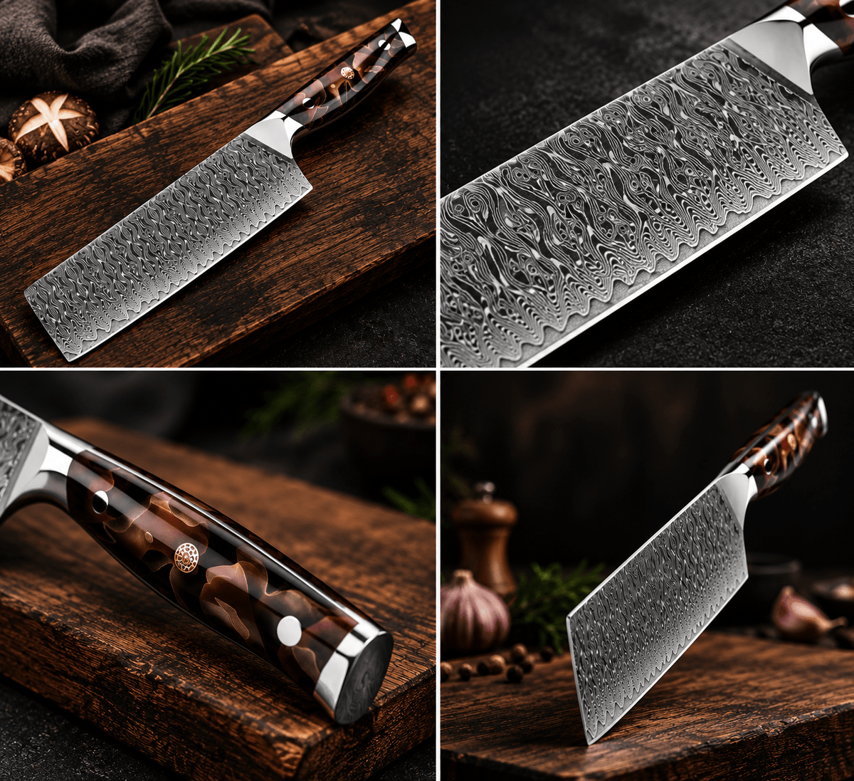 Couteau Nakiri Japonais Acier Damas 67 Couches 18 cm – Manche Résine Cuivre & Platine - Damasaki
