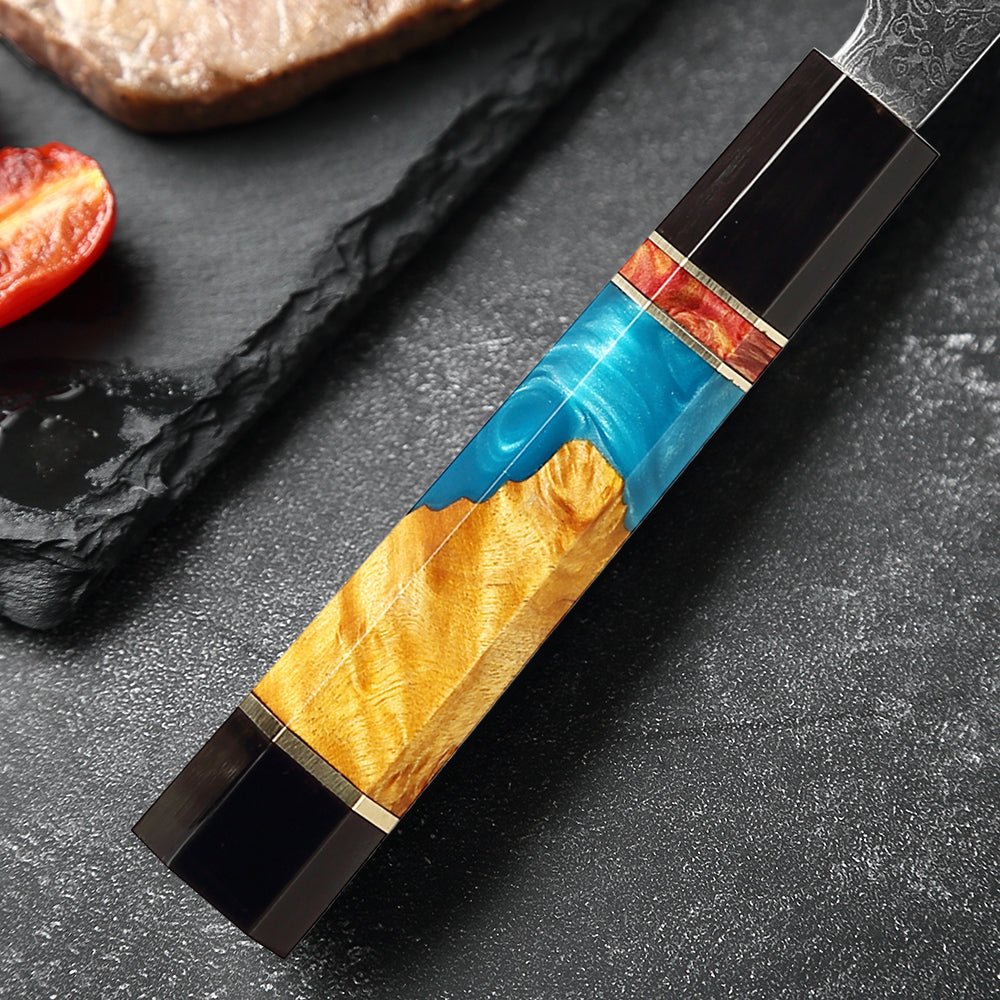 Couteau Santoku damas 12,7 cm – corne de buffle noire, résine et bois stabilisé