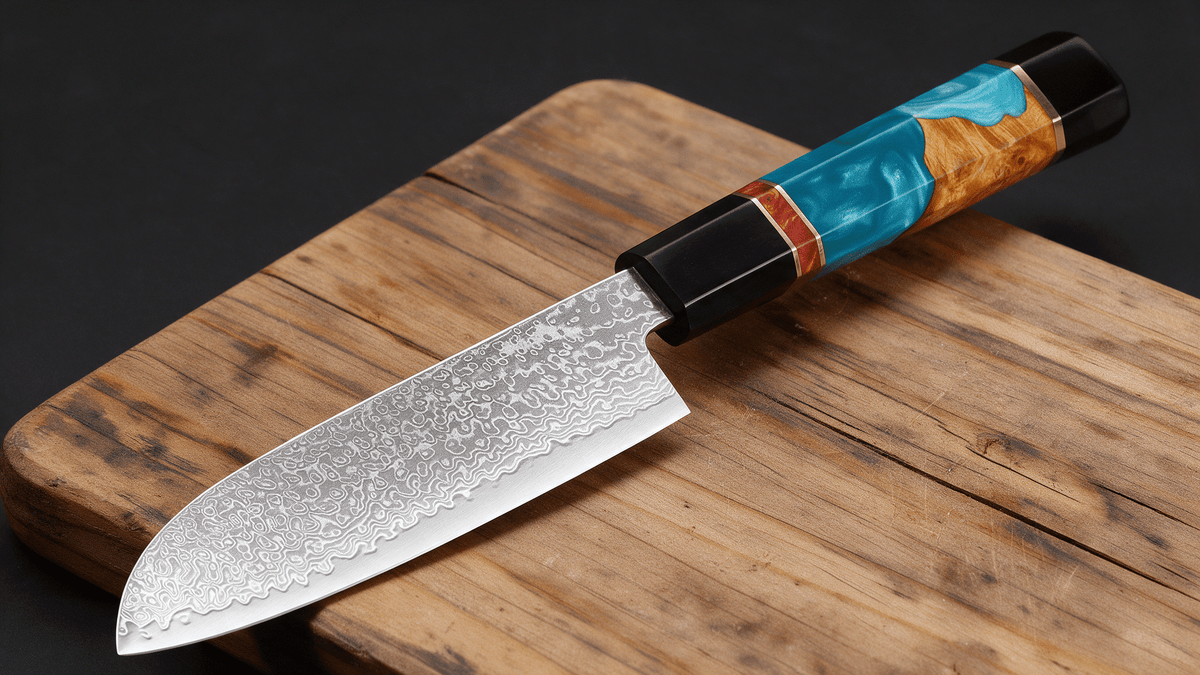 Couteau Santoku Japonais Acier Damas 67 Couches 13 cm – Manche Résine & Bois Stabilisé - Damasaki