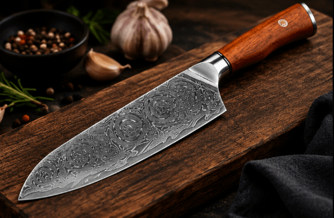 Couteau Santoku Japonais Acier Damas 67 Couches 18 cm – Manche Bois de Santal Rouge & Résine - Damasaki