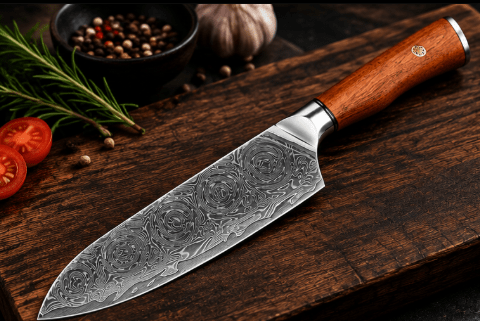Couteau Santoku Japonais Acier Damas 67 Couches 18 cm – Manche Bois de Santal Rouge & Résine - Damasaki