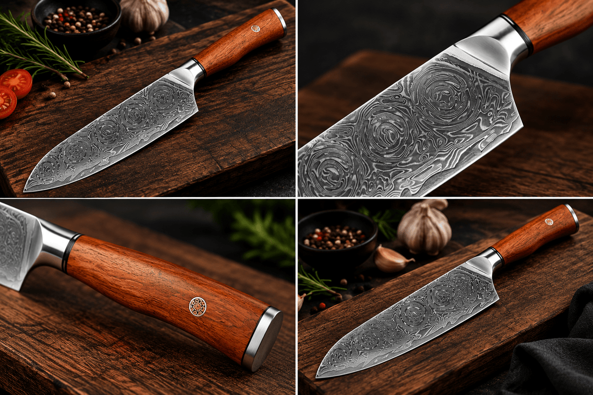 Couteau Santoku Japonais Acier Damas 67 Couches 18 cm – Manche Bois de Santal Rouge & Résine - Damasaki