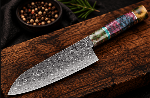 Couteau Santoku Japonais Acier Damas 67 Couches 18 cm – Manche Bois Stabilisé Ergonomique - Damasaki