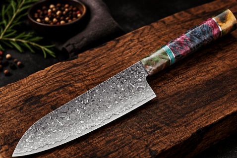 Couteau Santoku Japonais Acier Damas 67 Couches 18 cm – Manche Bois Stabilisé Ergonomique - Damasaki