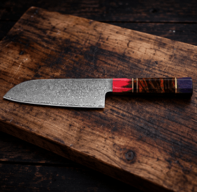 Couteau Santoku Japonais Acier Damas 67 Couches 18 cm – Manche Bois Stabilisé Octogonal - Damasaki
