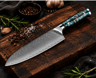 Couteau Santoku Japonais Acier Damas 67 Couches 18 cm – Manche Nacre d’Ormeau - Damasaki