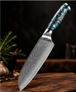 Couteau Santoku Japonais Acier Damas 67 Couches 18 cm – Manche Nacre d’Ormeau - Damasaki