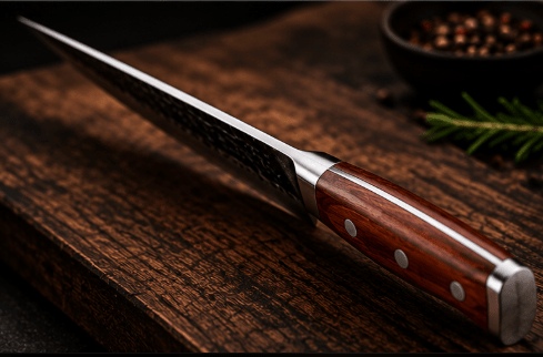Couteau Santoku Japonais Acier Trempé Haute Teneur Carbone 13 cm – Manche Bois Rouge - Damasaki
