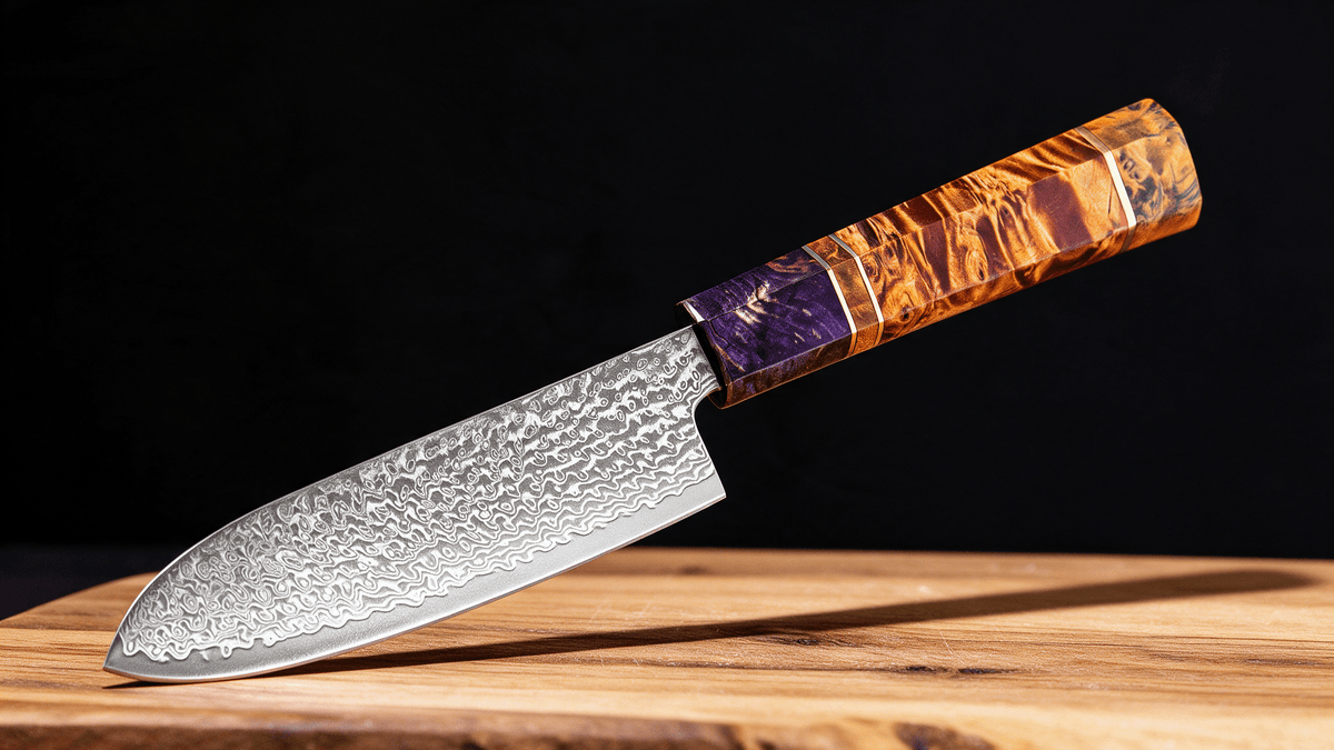 Couteau Santoku Japonais Damas VG10 67 Couches 13 cm – Manche Bois Stabilisé - Damasaki
