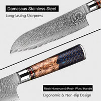 Couteau Santoku damas – résine et bois à motif nid d’abeille
