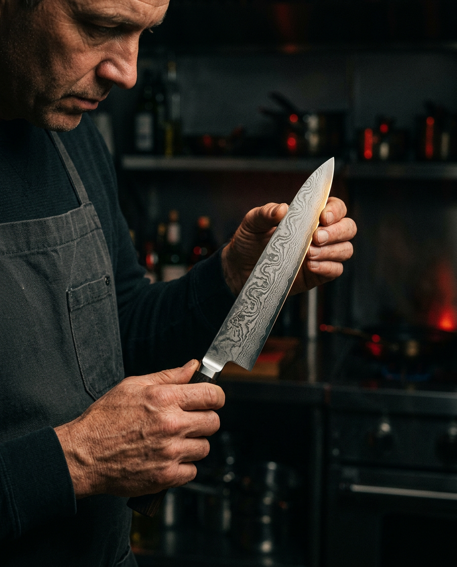 Inspection rigoureuse d'une lame en acier damas