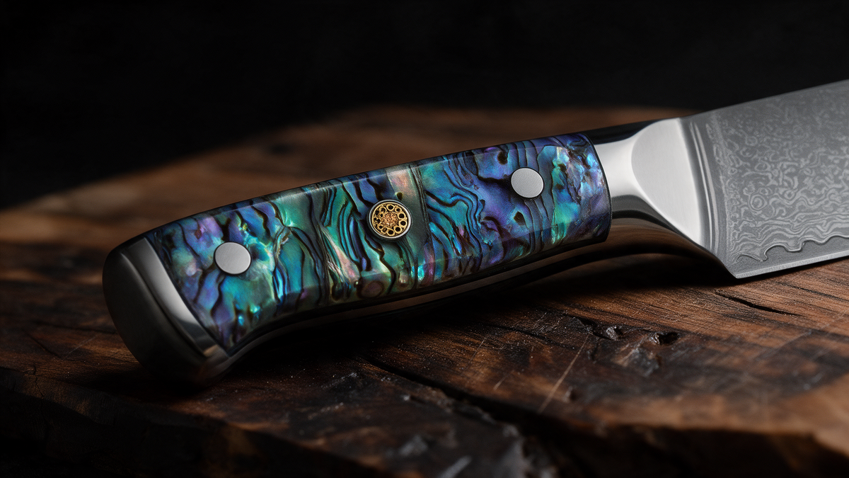 Couteau Nakiri Japonais Acier Damas 67 Couches 18 cm – Manche Nacre d’Ormeau Précieuse