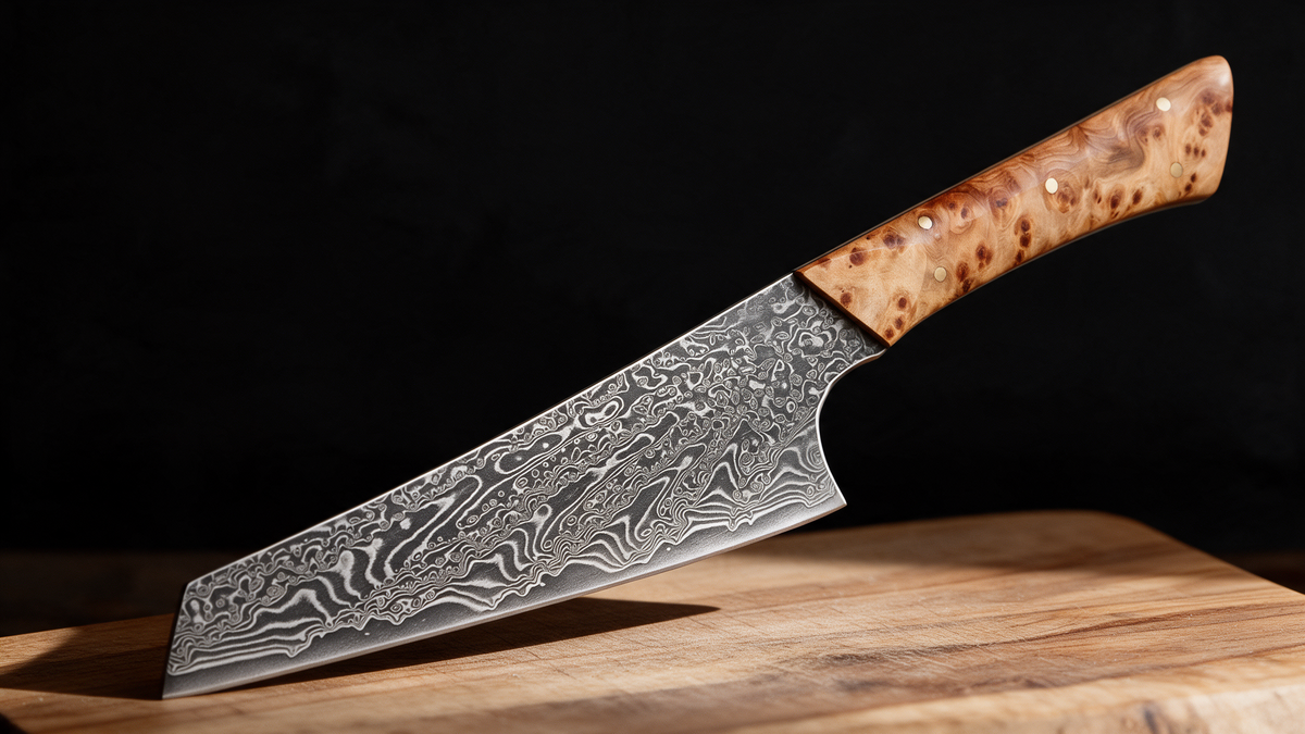 Couteau Kiritsuke Japonais Acier Damas 67 Couches 13 cm – Manche Loupe de Bois