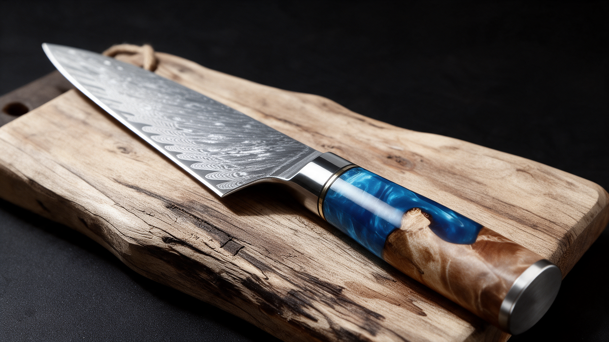 Couteau de Chef Japonais Damas VG10 67 Couches 20 cm – Manche Résine Bleue & Bois Stabilisé