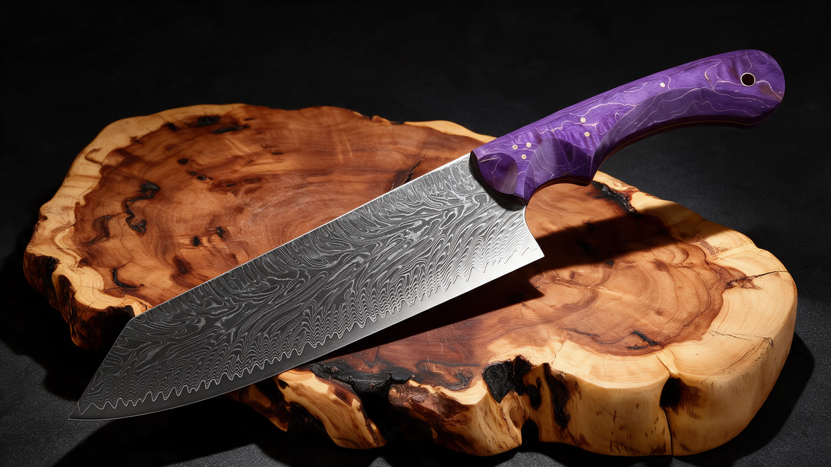 Couteau Kiritsuke Japonais Acier Damas 67 Couches 20 cm – Manche Bois Stabilisé Violet