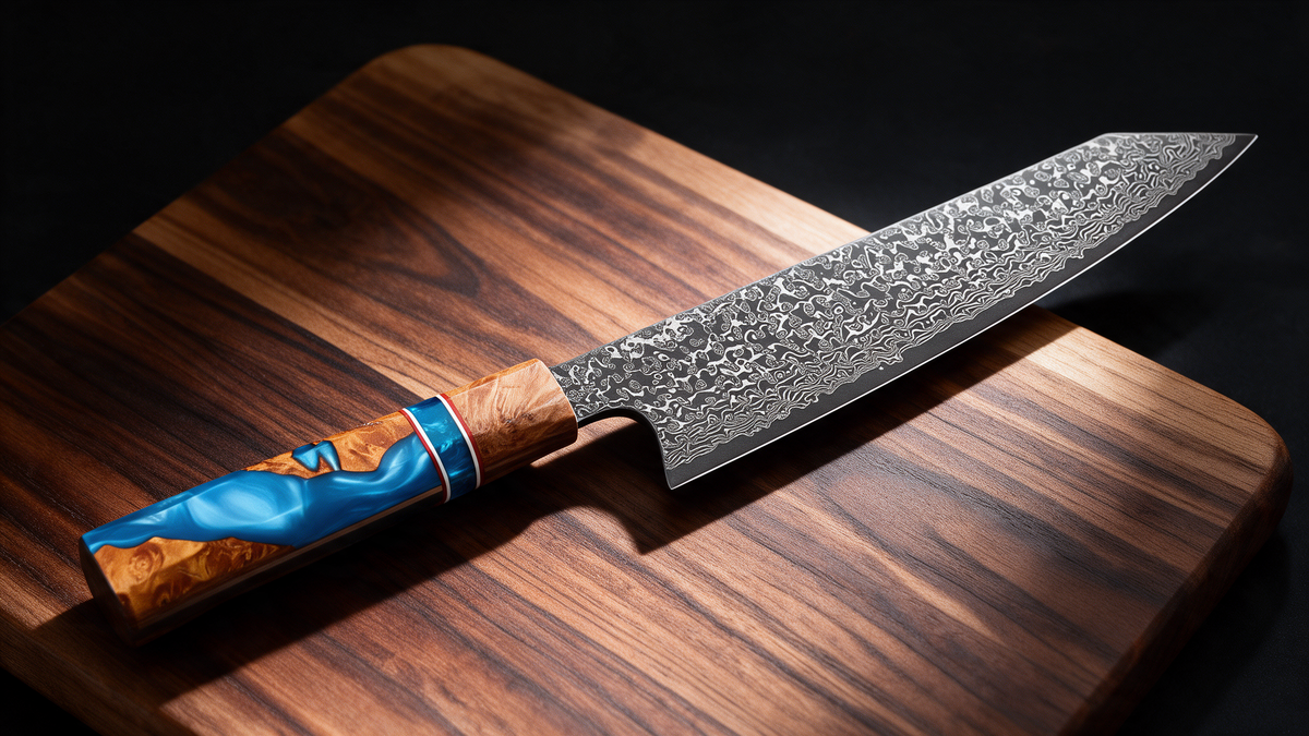 Couteau Kiritsuke Japonais Acier Damas 67 Couches 20 cm – Manche Résine Bleue & Bois Stabilisé