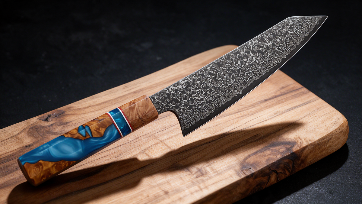 Couteau Kiritsuke Japonais Acier Damas 67 Couches 20 cm – Manche Résine Bleue & Bois Stabilisé