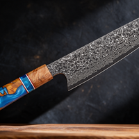 Couteau Kiritsuke Japonais Acier Damas 67 Couches 20 cm – Manche Résine Bleue & Bois Stabilisé