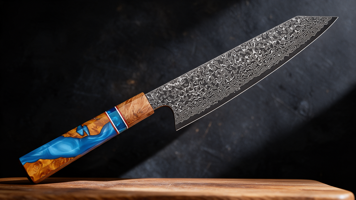 Couteau Kiritsuke Japonais Acier Damas 67 Couches 20 cm – Manche Résine Bleue & Bois Stabilisé