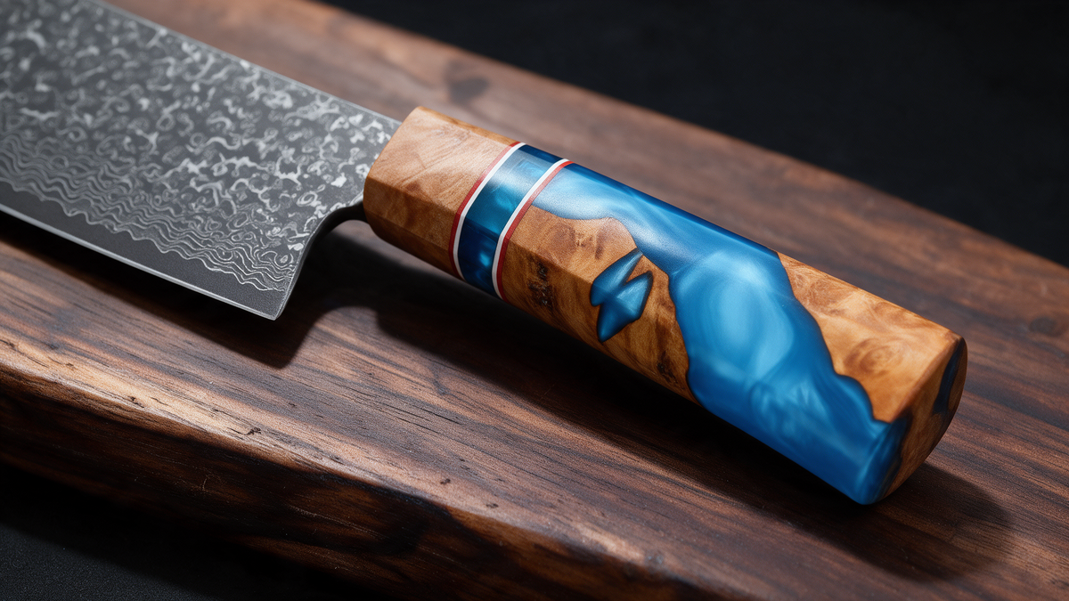 Couteau Kiritsuke Japonais Acier Damas 67 Couches 20 cm – Manche Résine Bleue & Bois Stabilisé