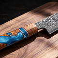Couteau Kiritsuke Japonais Acier Damas 67 Couches 20 cm – Manche Résine Bleue & Bois Stabilisé