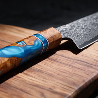 Couteau Kiritsuke Japonais Acier Damas 67 Couches 20 cm – Manche Résine Bleue & Bois Stabilisé