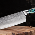 Couteau Nakiri Japonais Acier Damas 67 Couches 18 cm – Manche Nacre d’Ormeau & Résine Bleue