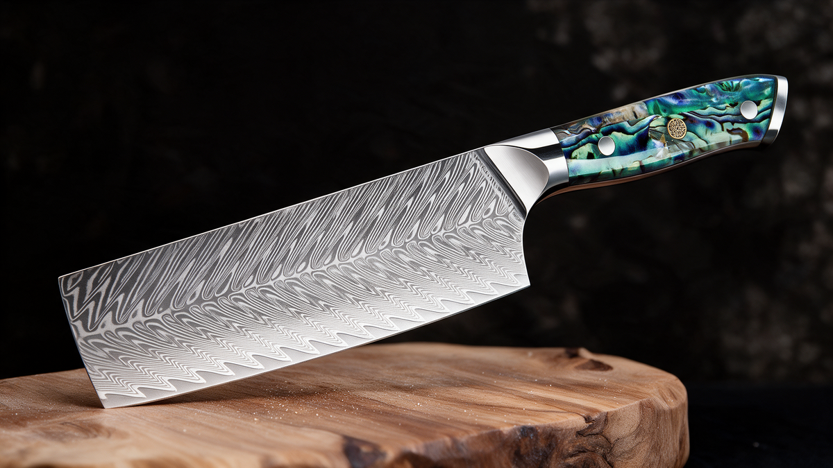 Couteau Nakiri Japonais Acier Damas 67 Couches 18 cm – Manche Nacre d’Ormeau & Résine Bleue